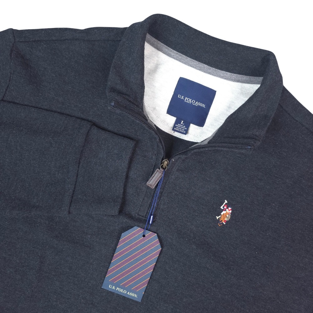 US Polo Assn Quarter Zip Mens Large Black Heather Cotton Blend Pullover Preppy